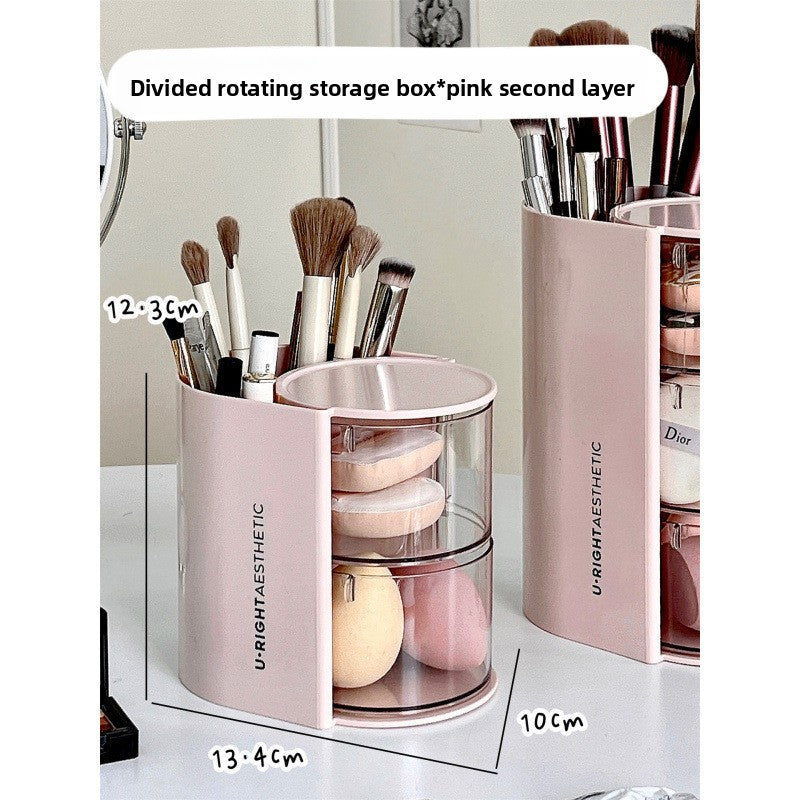 Rotating Makeup Brush Organizer with Powder Puff Storage